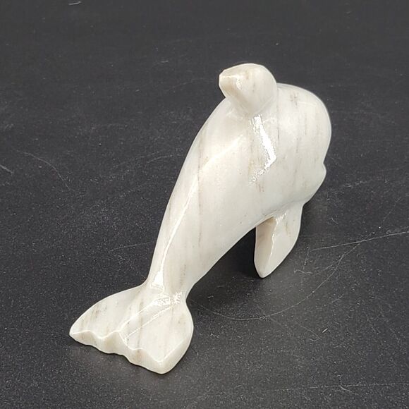 Carved Stone Dolphin Figurine Paperweight Decor White Gray Marbled - Picture 3 of 4